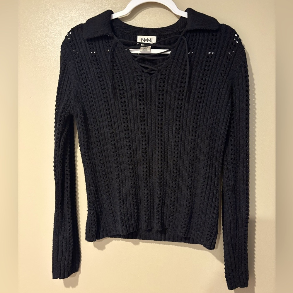 y2k goth alt open weave knit boho collared V neck cotton vintage sweater
